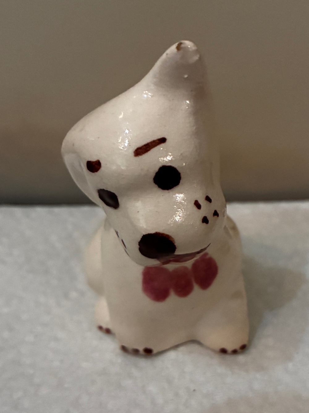 Vintage Ceramic White Dog Figurine with Pink Bow tie Accent MCM Japan Kitsch